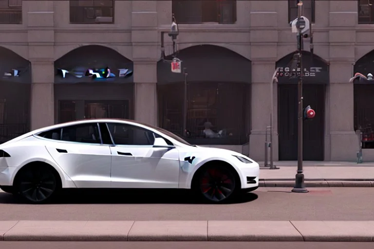 A Tesla 'Model Y' is going at a high speed, near the building of the 'Friends' series in New York. (CINEMATIC, WIDE ANGLE LENS, PHOTO REAL)