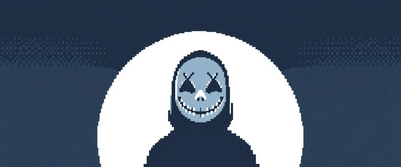 8 bit pixelart of a shadow figure with a white smooth wide smiling mask