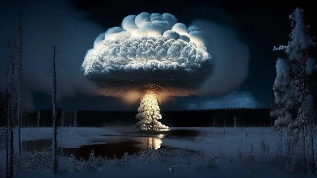 Tunguska event,NIGHT, Siberia scenery,taiga forest,winter, fozen river,heavy clouds, consisting of tall trees and dense vegetation, a mushroom-shaped cloud rises into the sky. The cloud is depicted as a massive column of smoke, dust, and debris, ascending vertically and spreading out at the top, forming a distinctive mushroom-like shape, a barren and desolate scene, with charred remnants of trees scattered across the scorched earth, high resolution photo 24K, high quality, ultraHD, cinematic lig