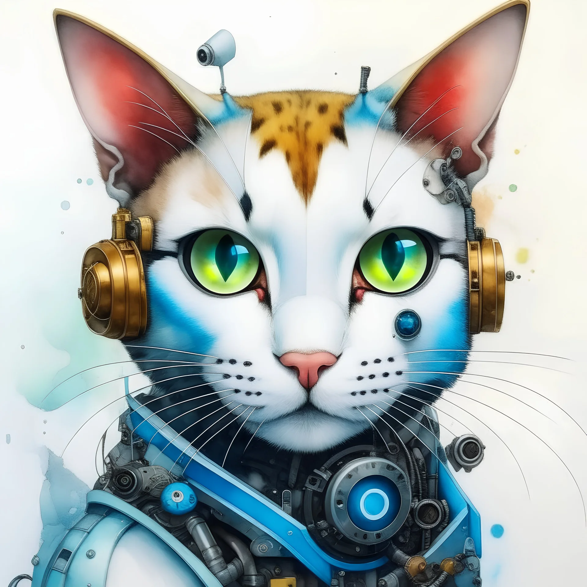 Gato cyborg, calidad ultra, hiperdetallado, hiperrealista, acuarela, 8k