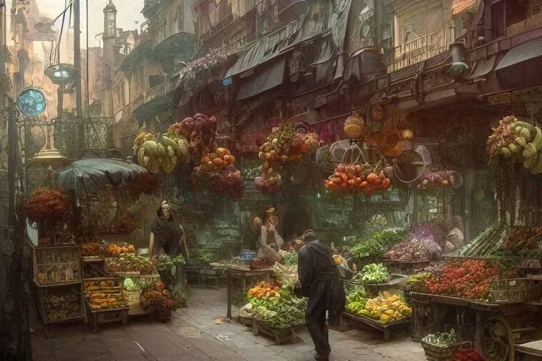 A greengrocer in colorful genoa street+steampunk+biopunk+alphonse mucha, greg rutkowski,matte painting, cryengine, hyper detailed, felix kelly, fantasy art, seb mckinnon