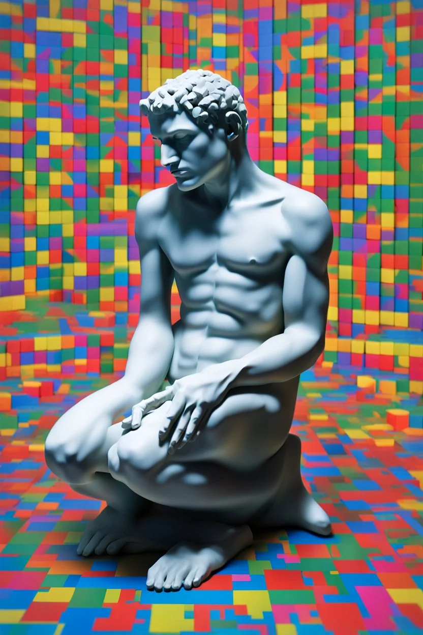 Artistic photo in the audacius style of Jill Greenberg, upclose striking image about "The Thinker statue", the statue as main focus in a white room with his body covered in movie scene shadows playing on the body about news and movie scenes. Exploding into the air are colourful matrix data and virtual numbers, on the floor are broken pieces of statue, questioning the role of deep thought in an increasingly digital and disconnected world, , extravagant, barroque escene