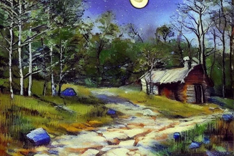 Night, moon, cabin, rocks, pathway, trees, grass, lesser ury impressionism painting