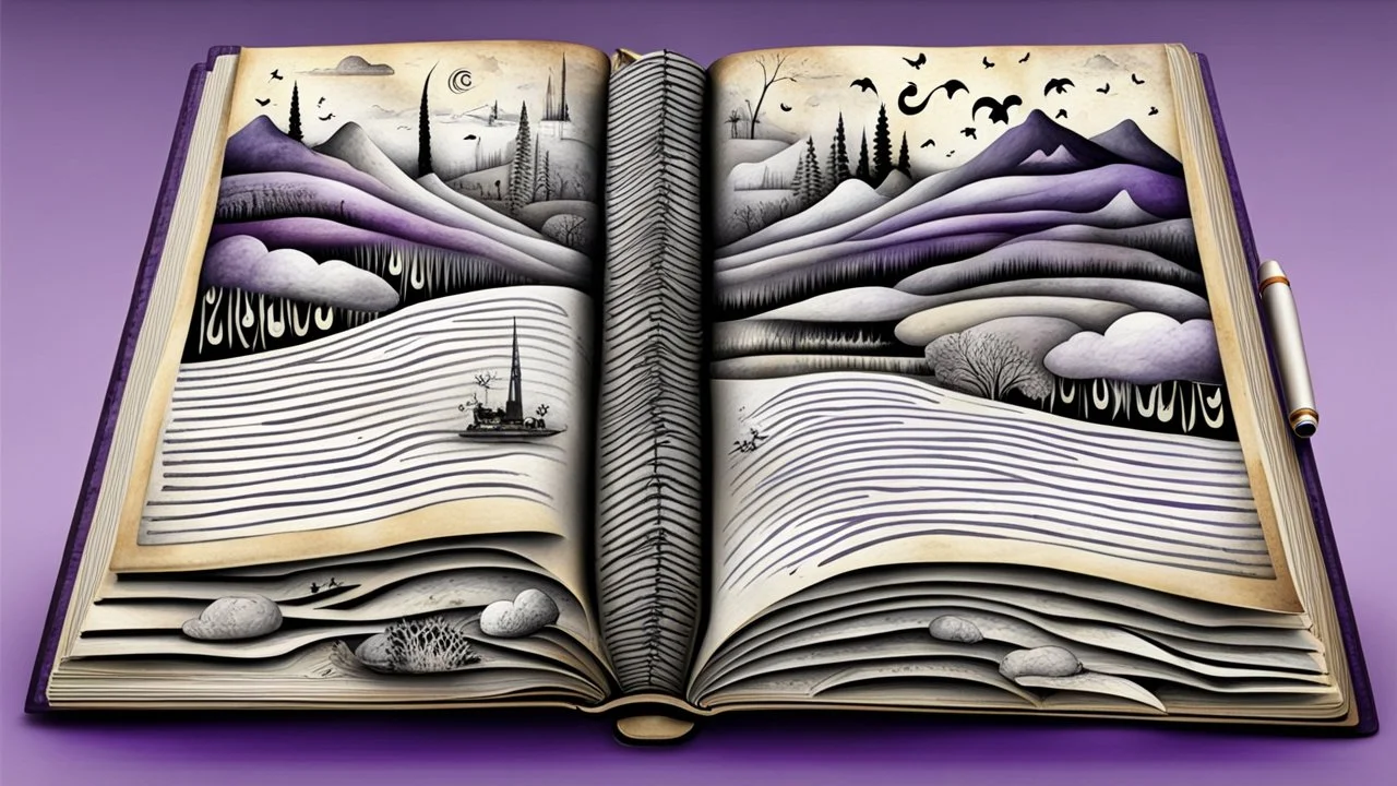 3d, egy kinyitott régi kockás füzet kézírással teleírva egymás alatti hosszab, és rövidebb sorok, és listák, de nem olvasható betükkel, around weird whimsical landscape sharp lines, many different size fade pale eyes, dremlike vibe, fog, dark purple, gray, black, white, brown. Whimsical style of Chagall , of Minjae Lee and Anton Semenov, Bosch, lonely in neurotipical life, neuron network background, surreal vibe