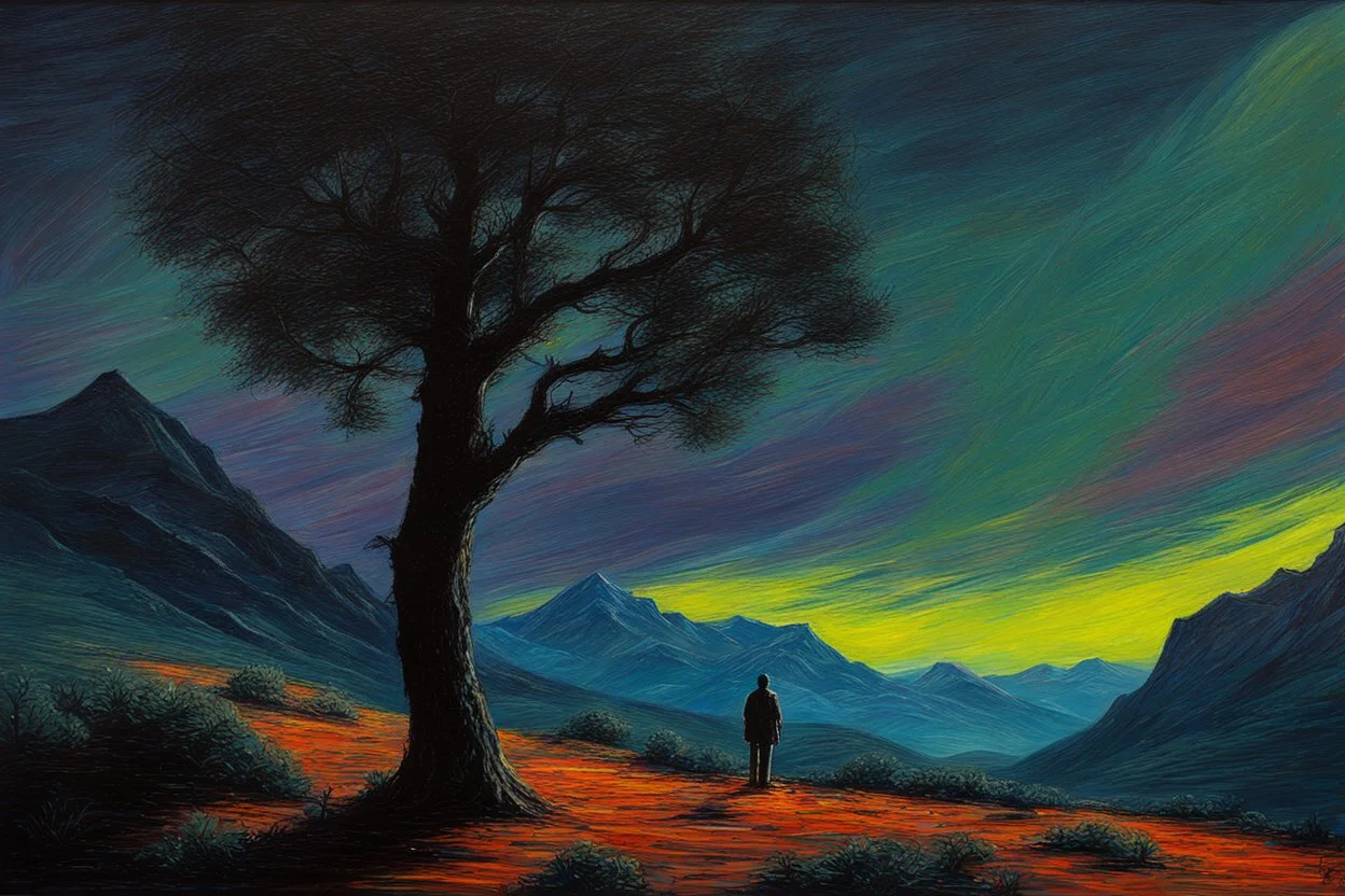 Trees, night, mountains, one person, 2000's sci-fi movies influence, ludwig dettman and willem maris impressionism painting