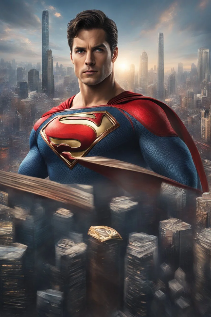 Album cover. Realistic drawing of Mandala pattern. .Advanced Superman with an advanced suit..Realistic detailing. High quality . Movie scene. background . A destroyed city