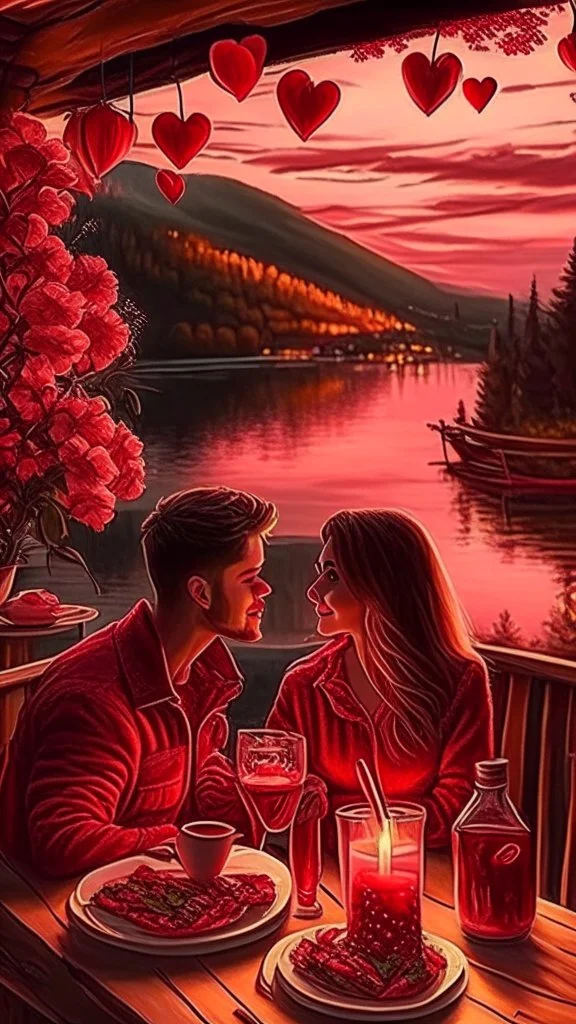 Valentines day date night, no peaple, just scenery, art, drawing, very realistic, detailed, vibrant colors.