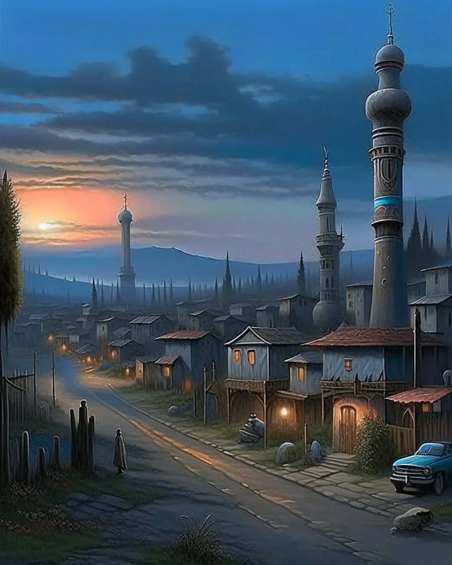 A gray Arabian town at twilight designed in pacific Northwest totem poles painted by George Inness