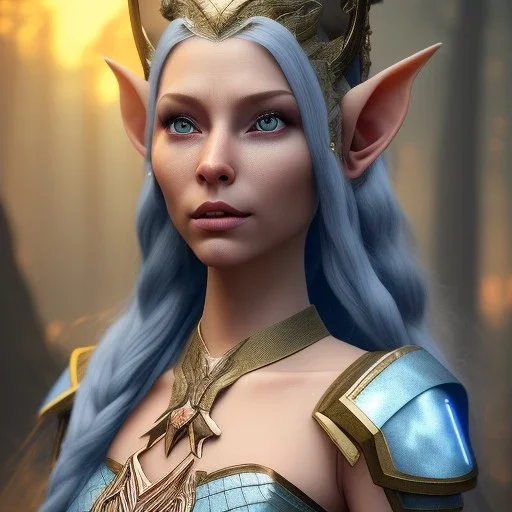 Portrait of a female wood elf diplomat. She has an angry facial expression. She has long, curled, white hair shaved on the right side and blue eyes. She has rough copper skin with yakuza tatu, atmospheric, realistic, unreal engine cosmic galactic, cinematic lighting, octane render, random colors, transparent, cosmic ambiance, masterpiece, art by Yoji Shinkawa, composing fit inside, masterpiece