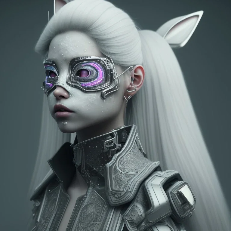 Portrait, Cyber rabbit mask teenager woman, color makeup, grey hair, rounded face, geisha style hair, white skin, pattern dress, velvet, vibrant color, cyberpunk style, highly detailed, art stations, concept art, smooth, unreal engine 5, god rays, ray tracing, RTX, lumen lighting, ultra detail, volumetric lighting, 3d, finely drawn, high definition, high resolution, gradient background