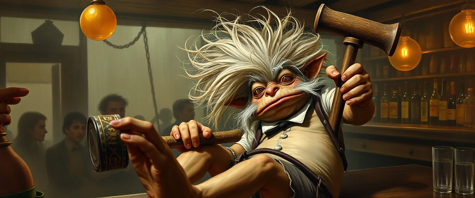hårete gremlin slug bartender med vind i håret på fest med stor slegge aker ned sklie malt av Rembrandt