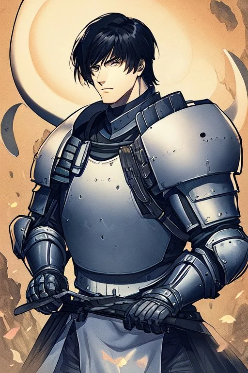 Male version of Motoko Kusanagi from "Ghost In The Shell (1995)", knight in steel plate armour, long black hair, pretty face, dignified, alone