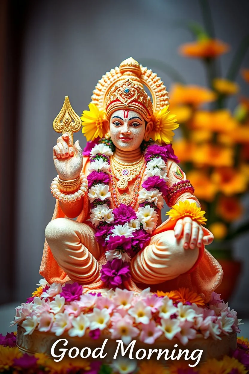 A statue of lord hanuman made of pure flowers, beautiful, cinematic macro shot, "Good Morning" written in the bottom