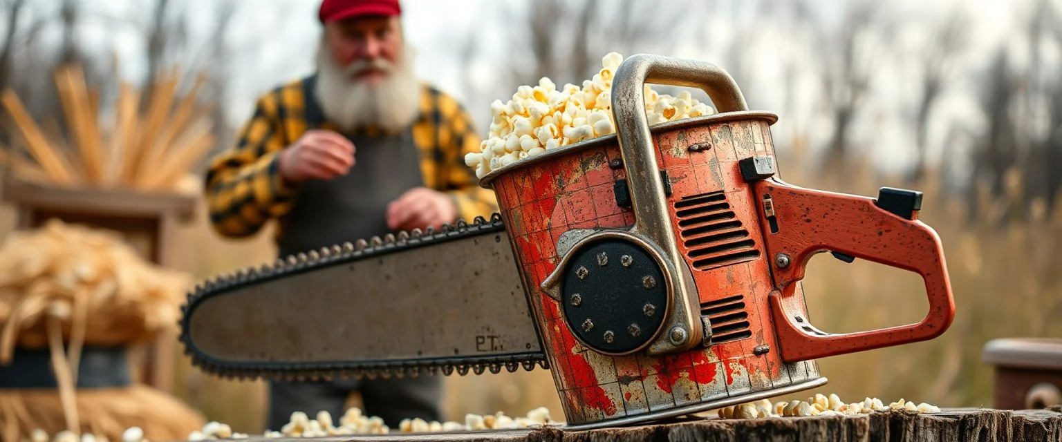 pop corn bucket that looks like a chain saw, with a lawman eunuch maker in the background