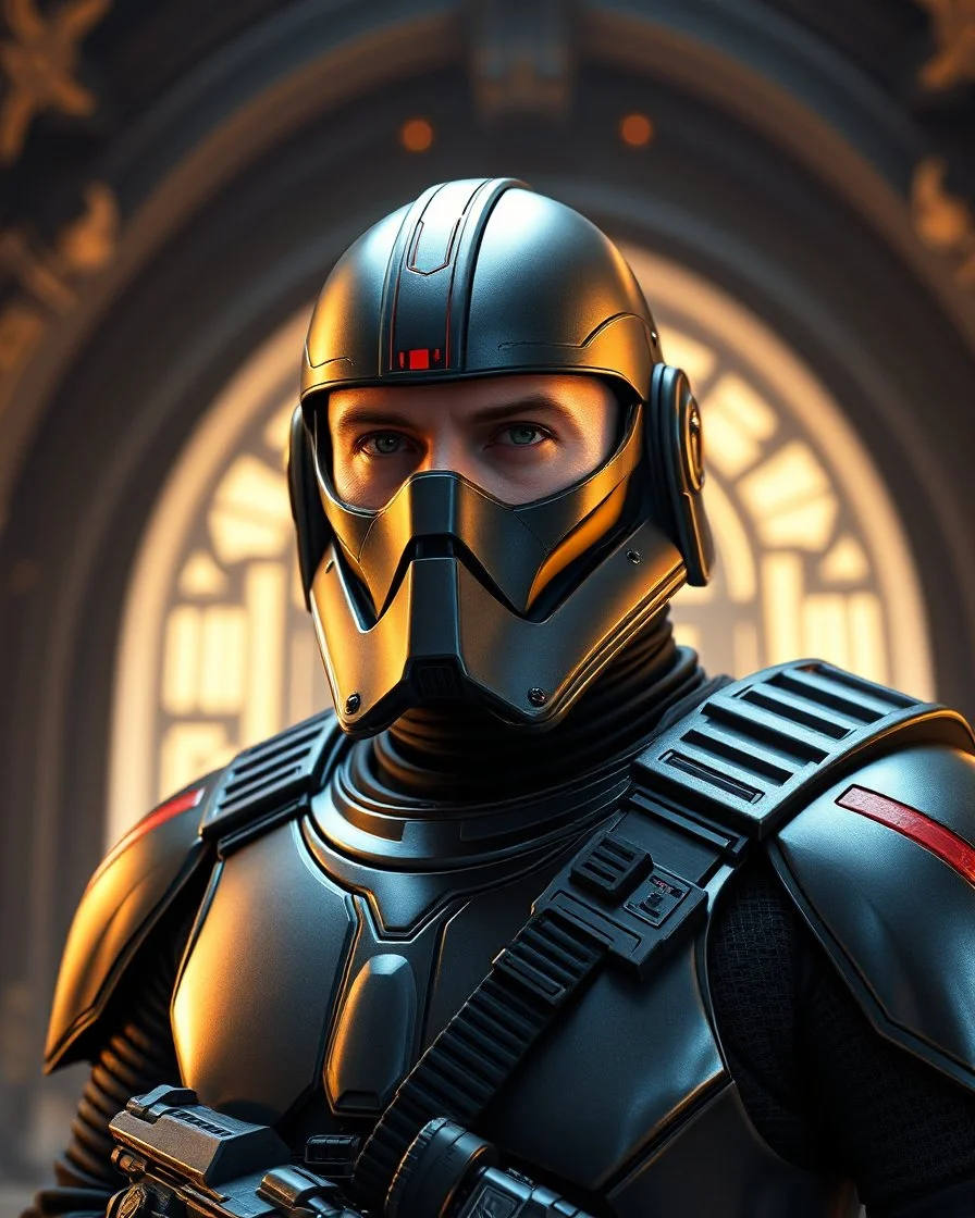 star wars bald male corellian pilot wearing pearlescent black and gunmetal grey First Order special forces heavy assault stealth commando armor and helmet with gold and metallic red trim inside the jedi temple, hyperdetailed, dynamic lighting, hyperdetailed background, 8k resolution, volumetric lighting, light skin, fully symmetric details