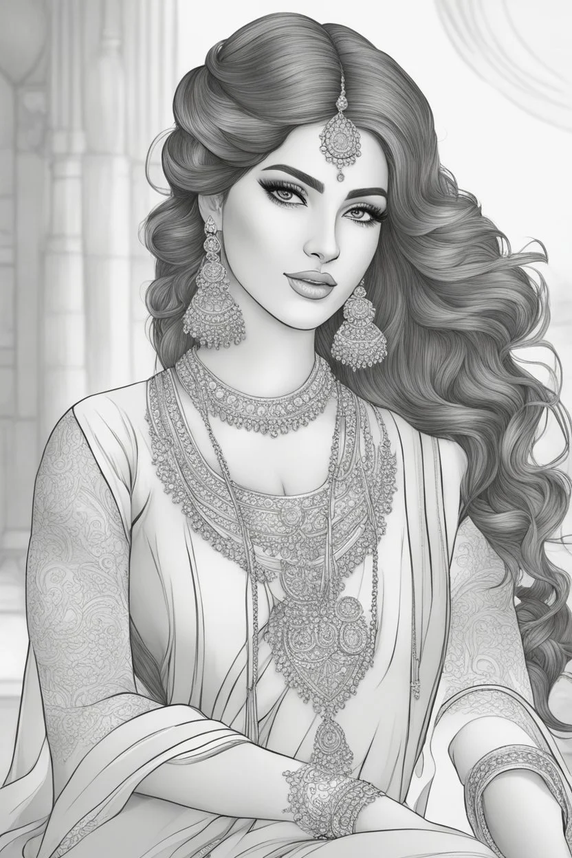 coloring page for adults of fashion model wearing hindi dress, thick and clear lines hair, full body portrait, style clean coloring page for adults, cartoon style, clean line art high detailed, white background, coloring book style, 8k, no-shading, thick lines hair, no-grayscale, lines hair