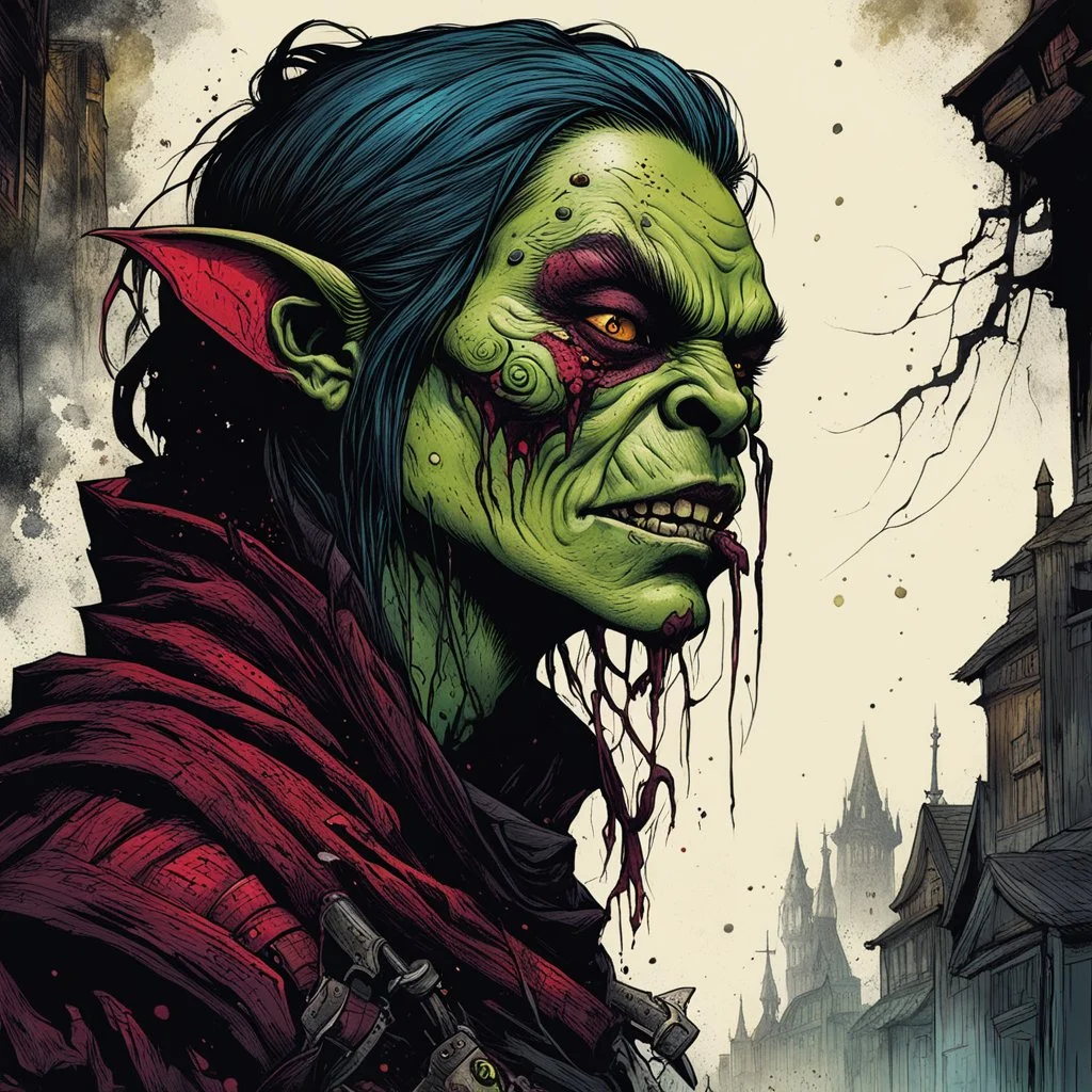 highly detailed color woodcut concept illustration of a world weary, female Orc thief character , maximalist, sharp focus, highest resolution, in the styles of Alex Pardee, Denis Forkas , Bill Sienkiewicz, and Masahiro Ito, boldly inked, 8k, coarse, gritty textures