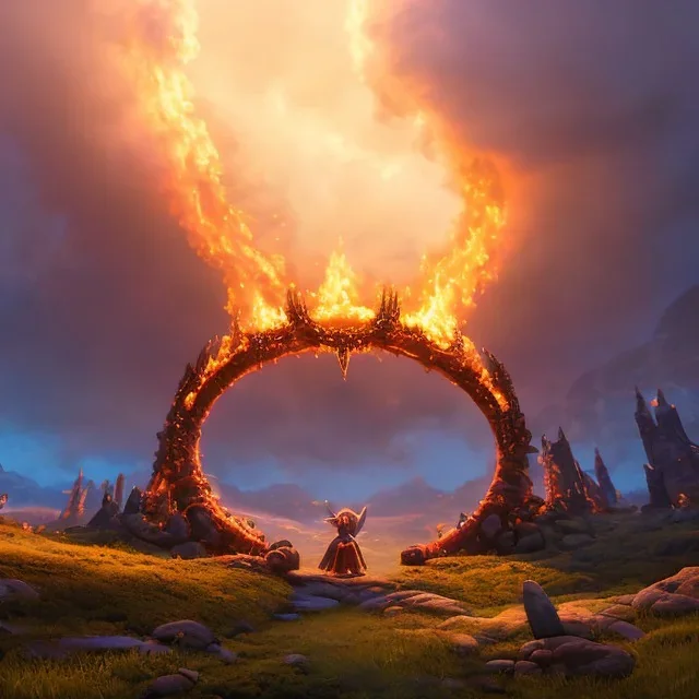 A Epic circular biomechanical fire ring portal, in middle of surreal hills, surrounded with beautiful cloud mist, art by Jordan Grimmer, high level of details