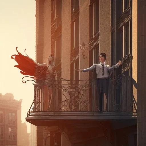 a man and a woman screaming at each other on a balcony, downtown new york, dramatic, dramatic lighting, volumetric lighting, hyperrealism, 8k, high quality, photorealistic, lot of details