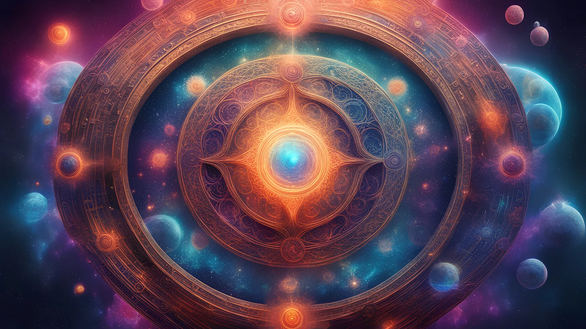 a high-quality ultra-realistic conceptual image of the universal law, depicting abstract symbols and patterns in vibrant colors, digital art, cosmic backdrop, celestial elements, intricate details, mystical atmosphere, front view, digital painting, high resolution, cinematic, trending on art platforms.