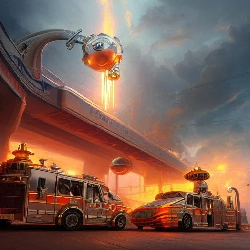 Futuristic sci-fi steampunk art deco fire trucks, highly detailed light golden hour trending on Artstation highly detailed 8k photorealistic ultra detailed hdr by greg rutkowski and thomas kinkade steampunk