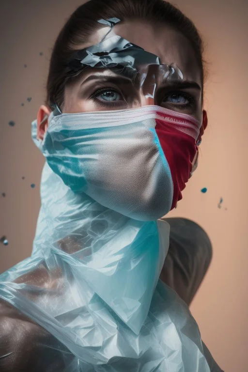 a dramatic 8k image of a person with a plastic covering the face, struggling to breath and trying to break free as it s tighly pulling over the face, chaos80