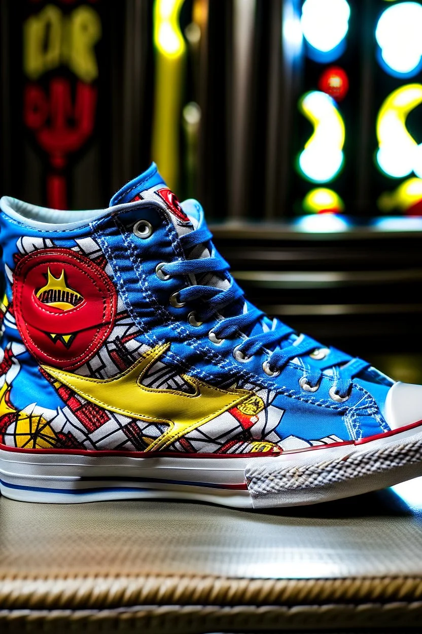 A converse sneaker, superman stickers all over sneaker