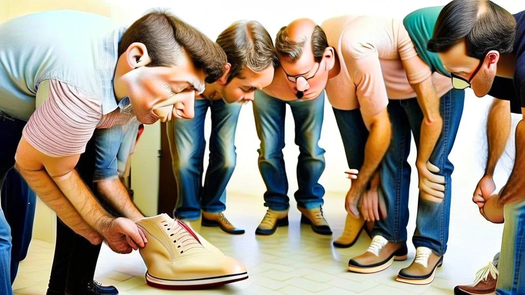 group of men using nose to sniff women's pumps