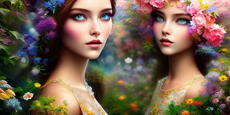 bright fairy, beautiful portrait, flowery landscape