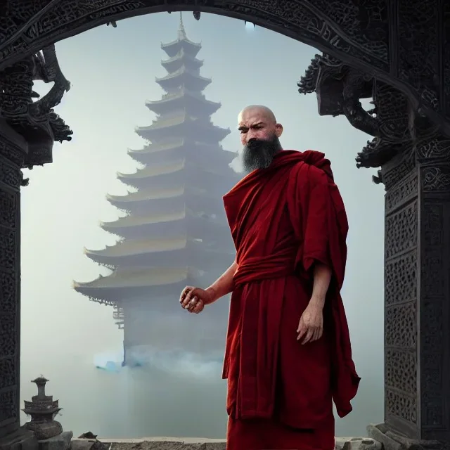 Portrait of a monk, fog, distant asian temple, profile, grim, dark, Frank Frazetta, Greg Rutkowski, hyperdetailed, dnd, trending on Artstation, Splash screen art, dynamic lighting, hyperdetailed, intricately detailed, a masterpiece, 8k resolution, high contrast, bearded, red robe,