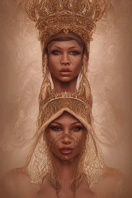 Portrait of a ornate and intricately detailed beautiful female tan skinned goddess queen :: open robes :: exposed breast :: perfect proportions :: flawless eyes :: by Artgerm :: hyperrealistic, hyper detailed, photorealistic :: a masterpiece, incredible composition, amazing depth, imposing, meticulously composed, 16k resolution concept art