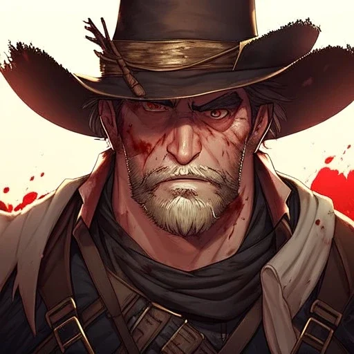 Portrait, bearded, Gunslinger, Cowboy, cowboy hat, serious face, Blood Splatter