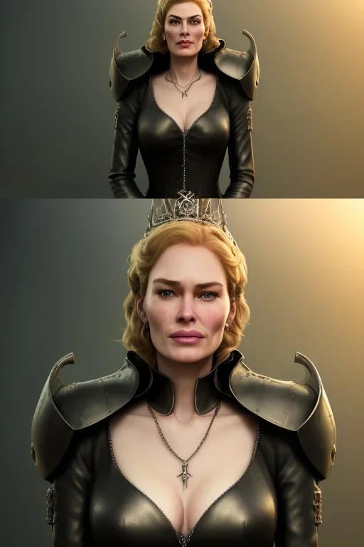 Cersei Lannister as evil queen in black leather, busty, cleavage, curvy, lena headay, angry, stern look. character design by cory loftis, fenghua zhong, ryohei hase, ismail inceoglu and ruan jia. unreal engine 5, artistic lighting, highly detailed, photorealistic, fantasy