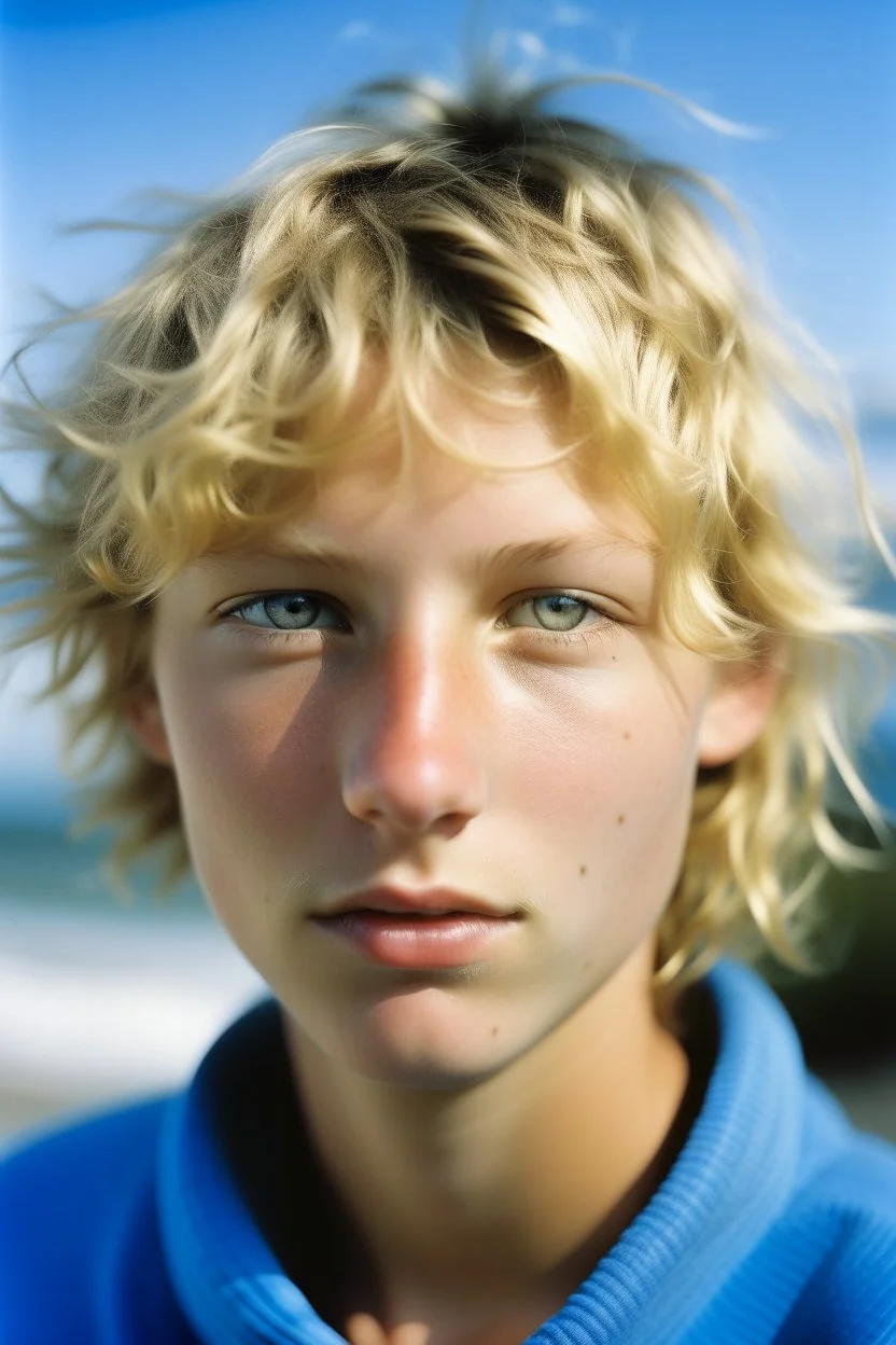 portrait of a 18 year old Californian surfer woman, sporty, blond, short wavy pixie hair, water blue eyes