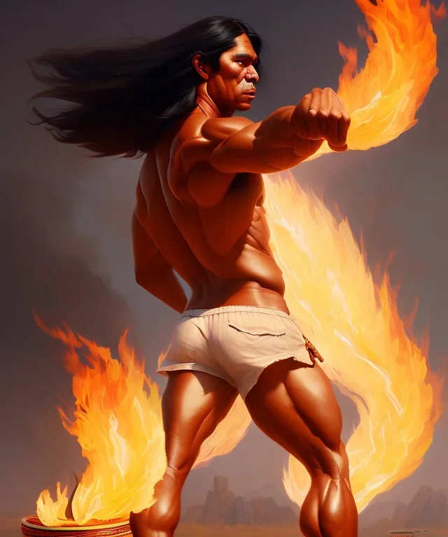 native american warrior, long black hair, dancing on top of fire, big muscles, shirtless, 8k resolution concept art portrait by Greg Rutkowski