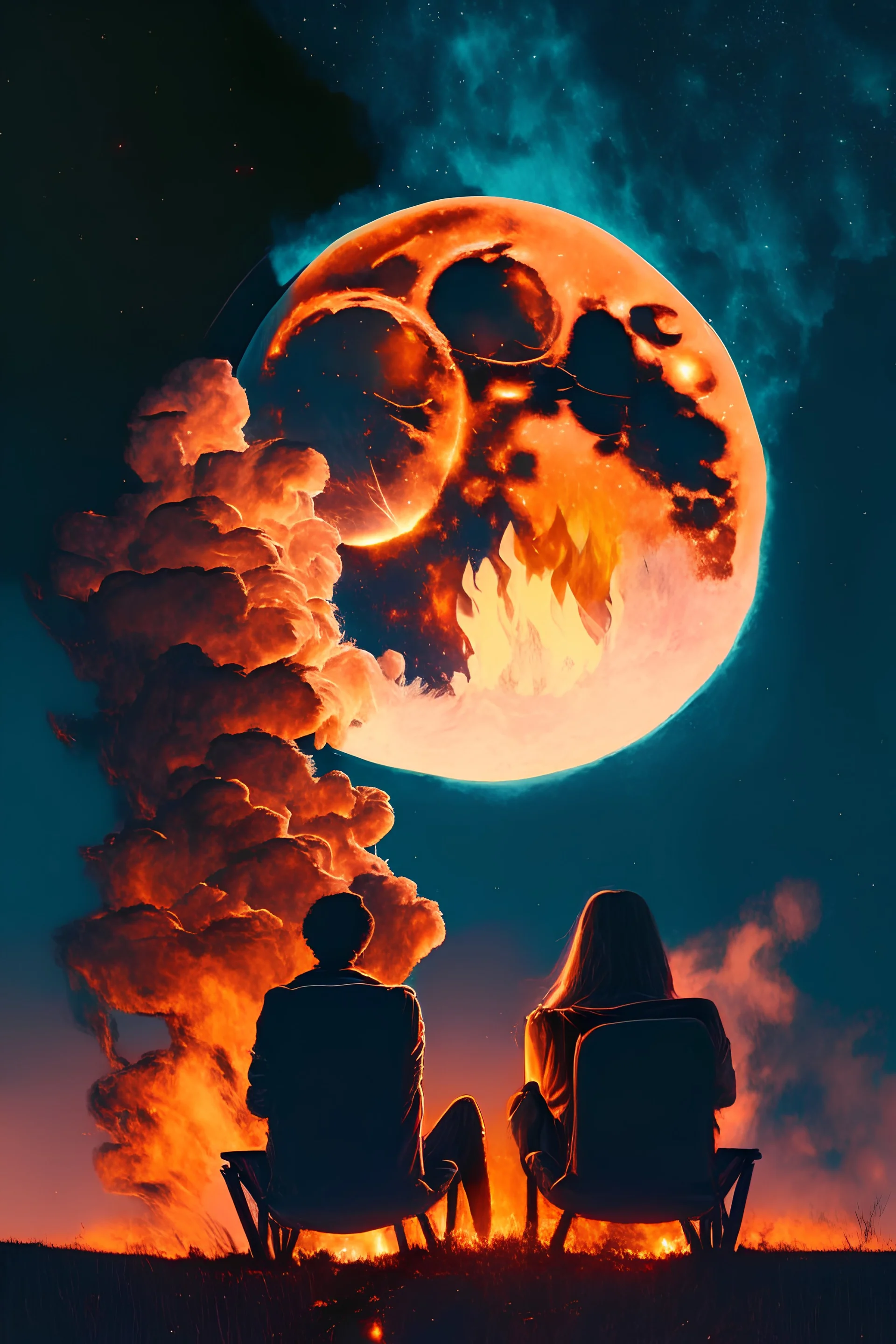 A man and a woman are sitting next to each other in front of them a burning fire in the sky, a bright moon