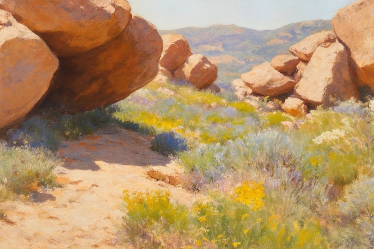 Sunny day, rocks, big rocks, vegetations, distant mountains, sci-fi, gustave caillebotte, and konstantin korovin paintings