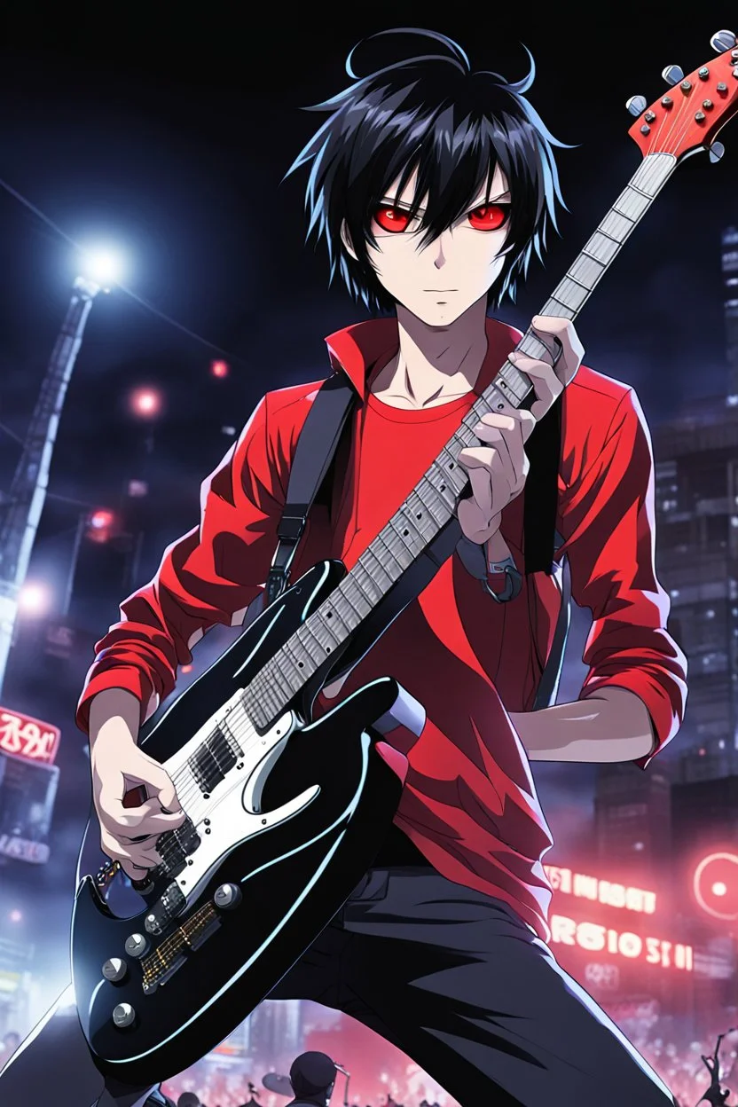 A 30 years old male guitarist playing electric guitar at a midnight concert, manly facial features, red creepy alien bug eyes, black hair, athletic build, correct hands, in the style of manga "Rosario+Vampire"