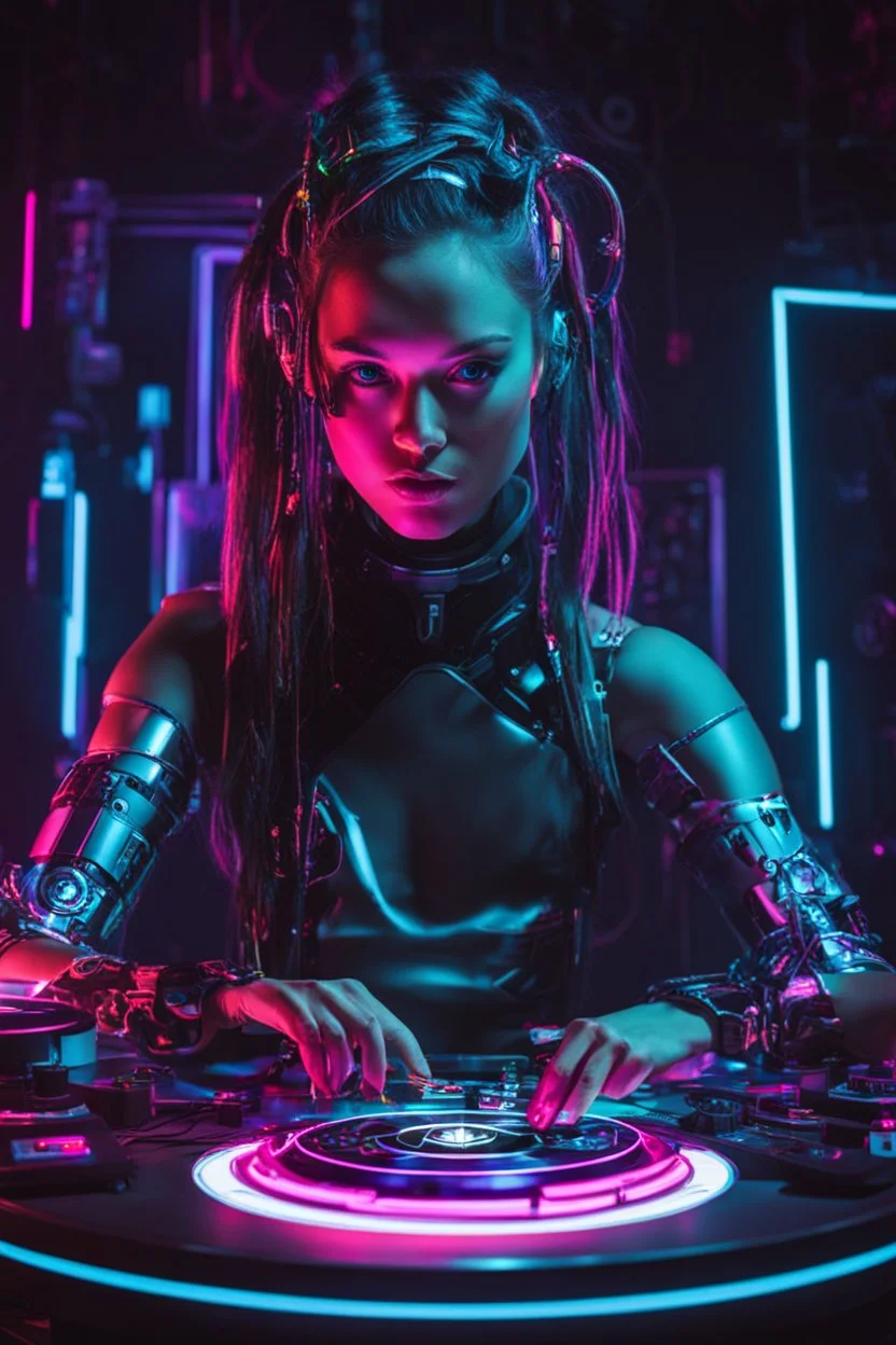 Cyborg Girl playing turntable dj pleyer in a dark neon room