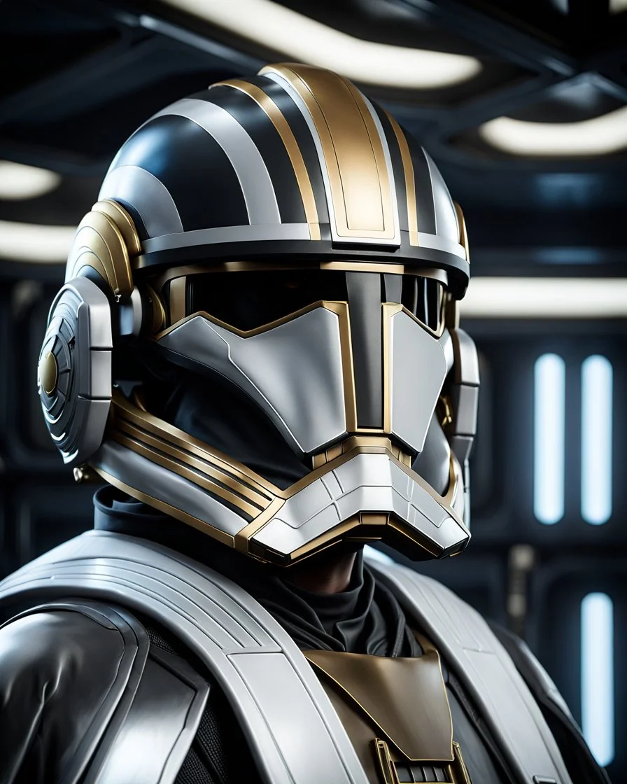 star wars bald male corellian pilot wearing pearlescent black and gunmetal grey First Order special forces armor and helmet with gold trim inside the jedi temple, centered head and shoulders portrait, hyperdetailed, dynamic lighting, hyperdetailed background, 8k resolution, volumetric lighting, light skin, fully symmetric details