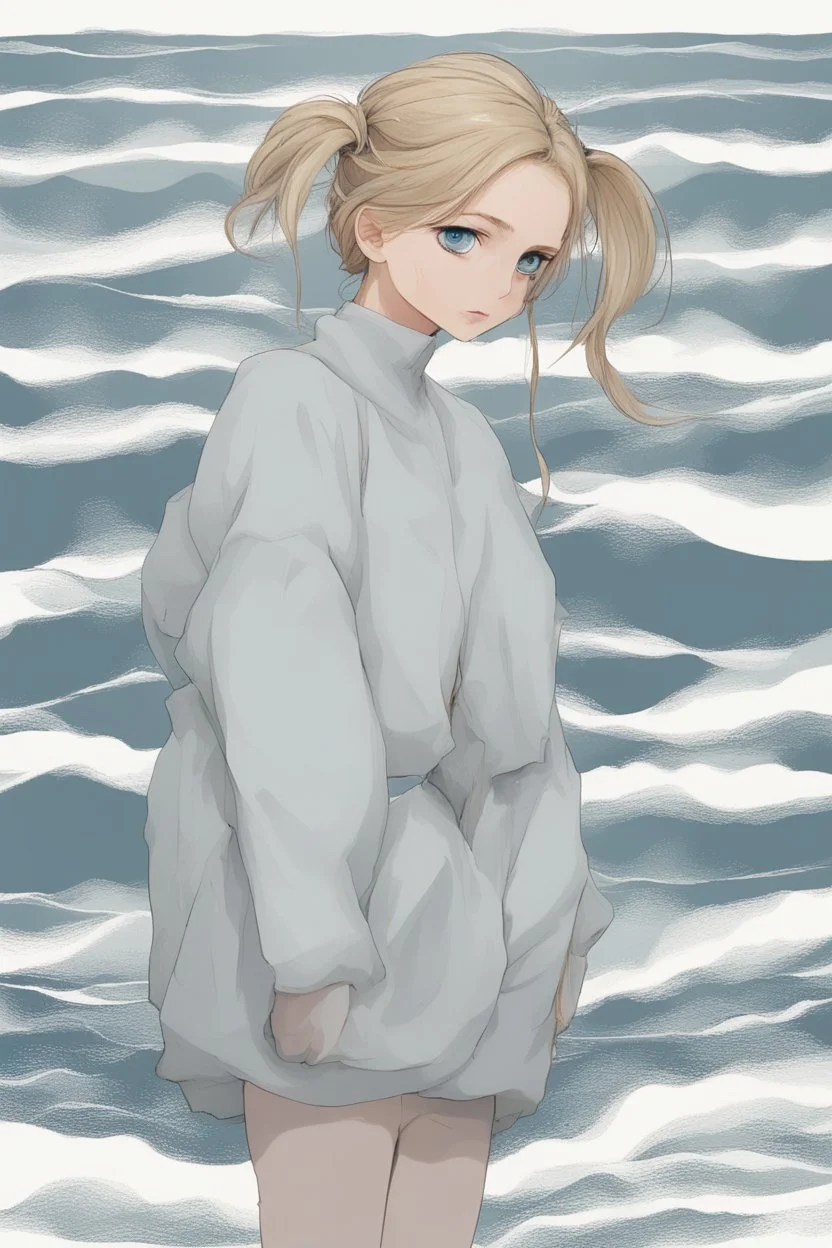 Standing in the grey-north sea with white clothes. Girl with a bun. Rains heavily. You see her face, blues eyes and blond hair.