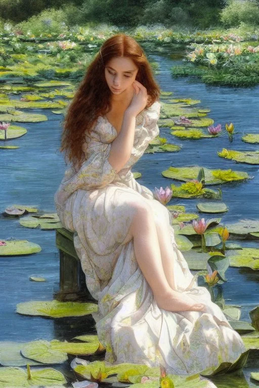 a beautiful woman with long brown hair in a romantic floral dress sits contemplatively on a pier, her feet in the water, white water lilies floating on the water extremely detailed intricate very attractive beautiful crisp quality Michelangelo Daniel Gerhartz in sunshine