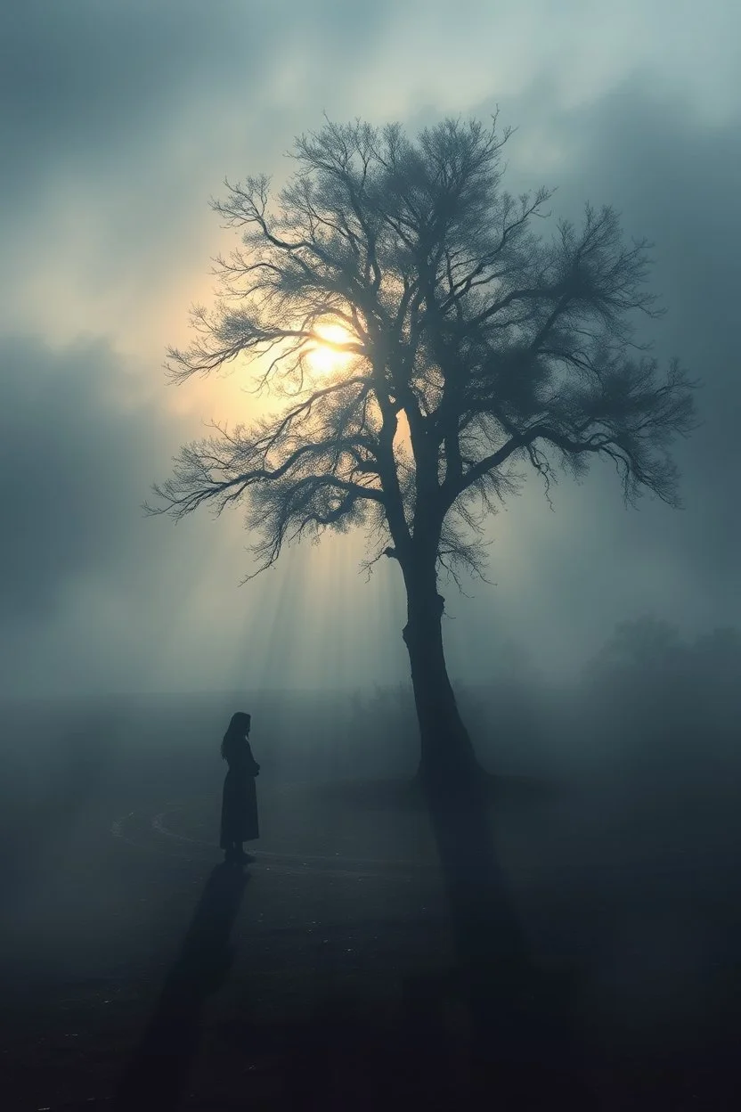 The Illusion of being in love , a broken shadow by the tree of sadness in the mist and storm