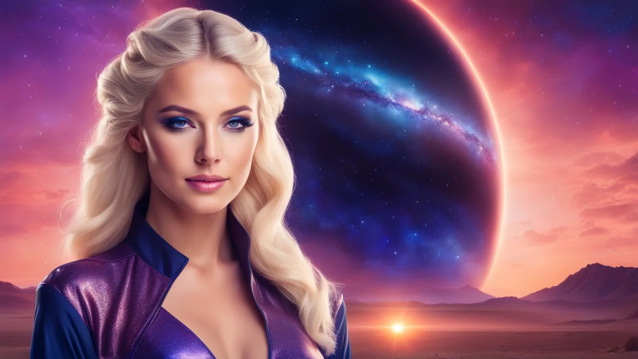 Full body portrait of a peaceful smiling gorgeous blonde Goddess of the galaxies with a blue indigo purple skin, high skul, luminous eyes in a galactic sunset