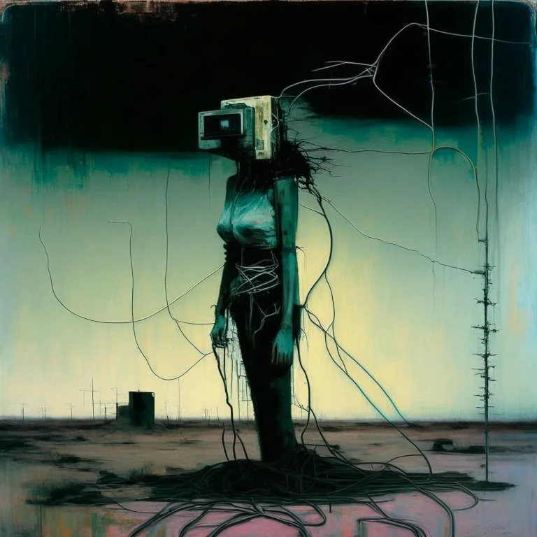 Dystopian future women twisted body with retro monitor head and handing wires. In desolate landscape at night. With a concrete decaying block. Abstract oil painting in style of Justin Mortimer