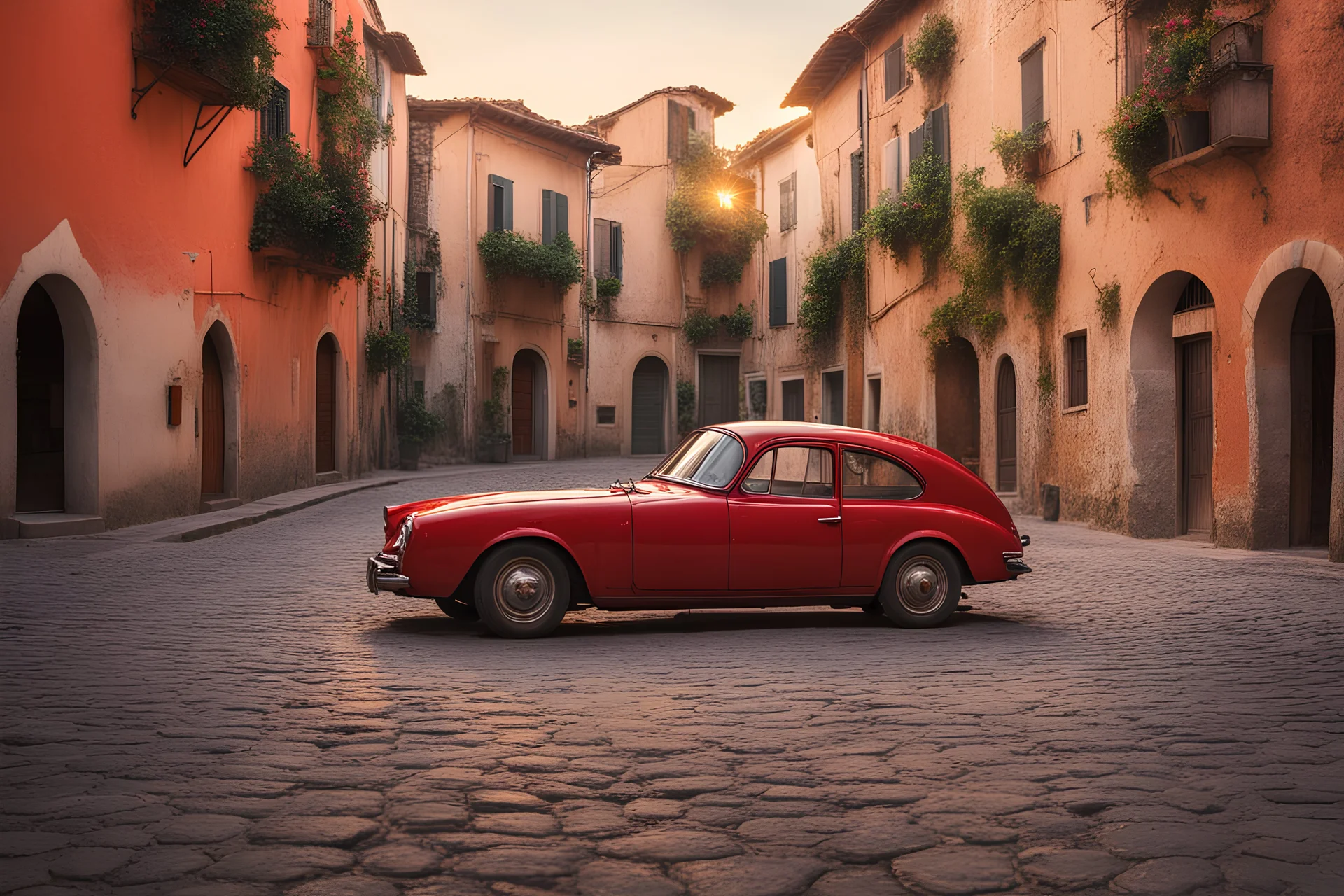 Erstelle ein Bild eines roten autos welches fotografiert wird mit geduckten fotograf neben dem Auto in einer italienischen altstadt, mit der sonne am Horizont, die die Abenddämmerung betont. Der Blickwinkel sollte in der froschperspektive sein und nicht von vorne, und das Bild sollte in der Heutigen Zeit angesiedelt sein. Das Bild sollte in einem Medium wiedergegeben werden, das die Zeit vor 50 Jahren hervorruft.