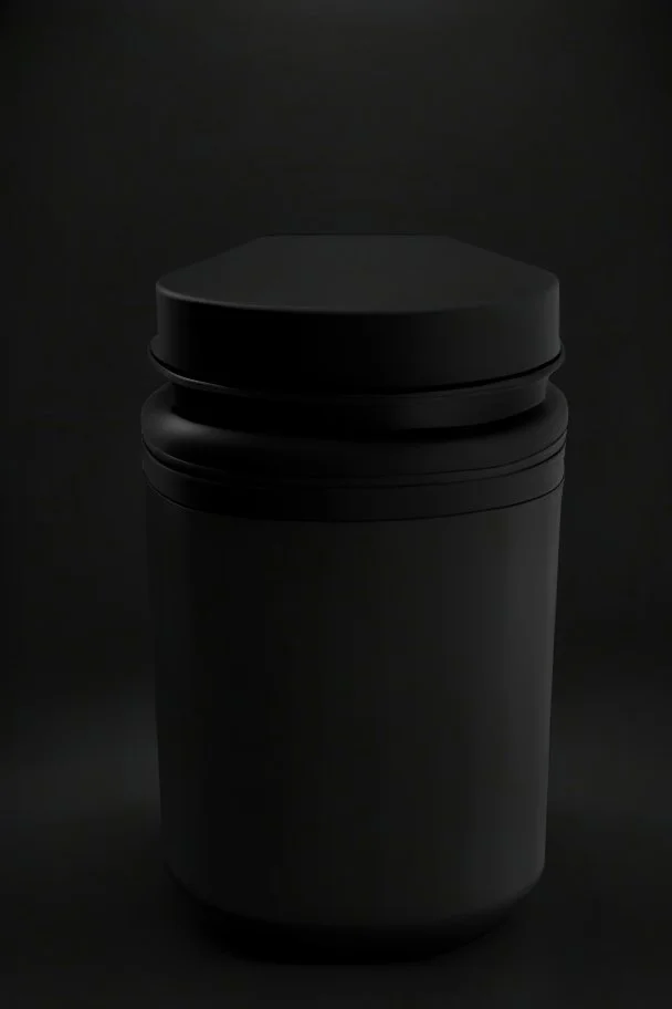 Black protein powder container, screw lid, lid is off, lid lays on the side of the container, round container, black studio, black background, dark setting, no labels on the container, very detailed, realism, high quality