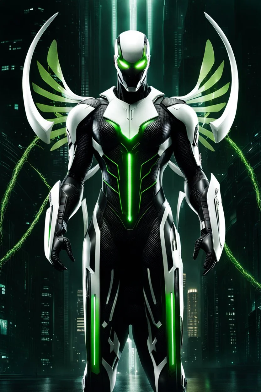 Cyborg symbiote, white color, green color, tendrils, high tech, cyberpunk, biopunk, membrane wings, carbon fiber, cyber tentacles, and the other two.