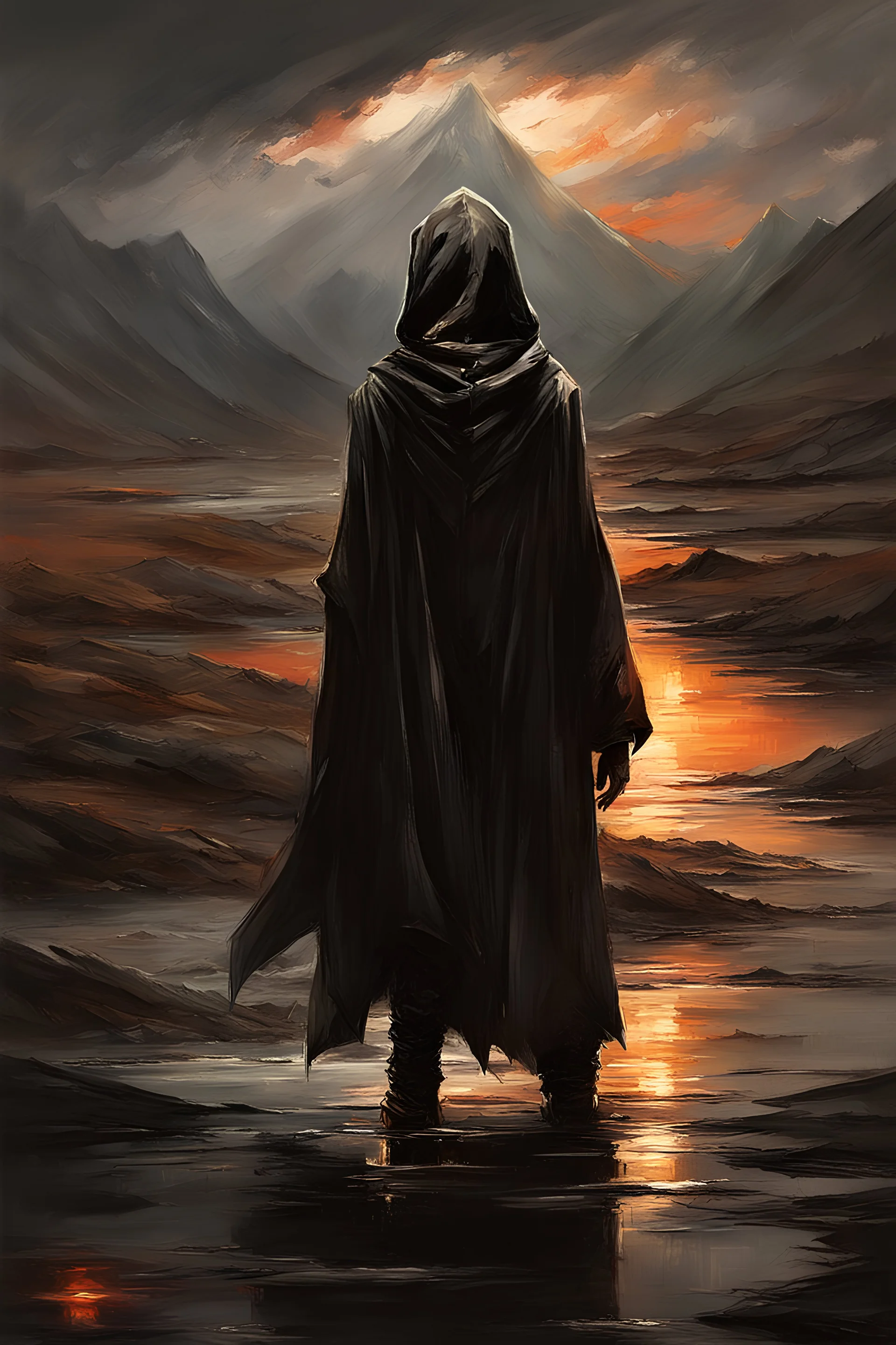 A formidable warrior-a 10-year-old boy in a black robe with a hood, on the background Amazing gloomy landscape, flooded with sunset, mountains, trees, fabulous scary hero, , juicy emotions, painting, dark fantasy, bad weather, gloomy day, dark world, by Raymond Swanland & Alyssa Monks & Anna Razumovskaya