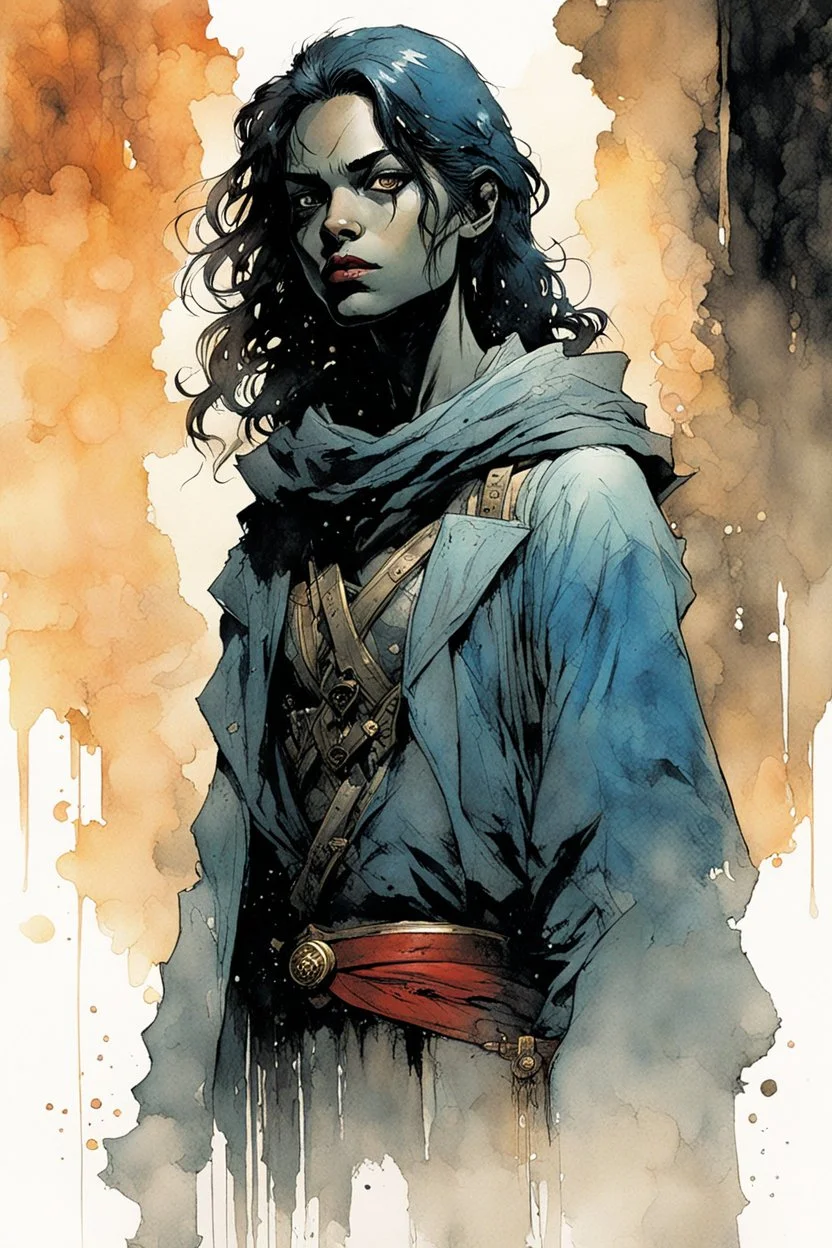 create in inkwash and watercolor a full body portrait of the young female Ivrian from Ill met in lankhmar in the comic book art style of Mike Mignola, Bill Sienkiewicz and Jean Giraud Moebius, , highly detailed, finely lined facial features, grainy, gritty textures, foreboding, dramatic ethereal lighting